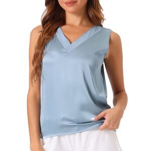 Silky Satin Tank Tops Mesh V Neck Casual Summer Basic Tank Shirt Blue